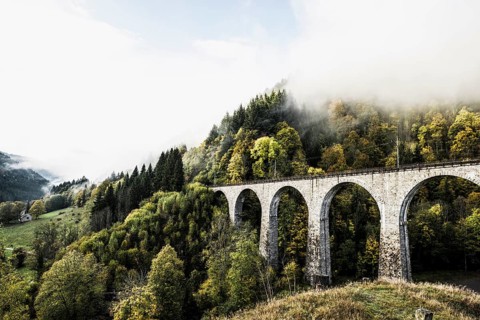 Railway bridge in the Ravenna Gorge, Hoellental in autumn, near Freiburg im Breisgau, Black Forest,