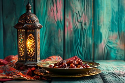 Ramadan lantern with a plate of succulent figs, set on an ornate table with intricate designs,