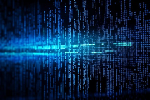 Blue dynamic digital data streams, showcasing flowing lines of code in a mesmerizing pattern, ideal