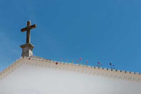 Flower-covered roof of a church, cross, religion, Christianity, lovely, idyllic, flowers,