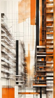 An abstract modern artwork with faded geometric architectural sketches in orange tones, vertical