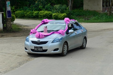 Decorated wedding car, Bagan, Burma, Pagan, Myanmar, Asia