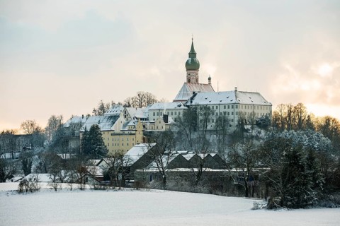 Andechs Monastery in winter, sunset, Fuenfseenland, Pfaffenwinkel, Upper Bavaria, Bavaria, Germany,