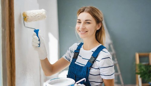 AI generated, woman, woman, a young girl paints a wall with new paint, white, whiter, white,