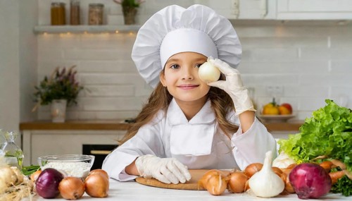 AI generated, human, humans, person, persons, child, children, 8 year old girl cutting onions in a