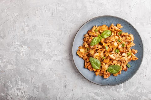 Fried chanterelle mushrooms with basil and spice herbs on gray concrete background. Top view, flat