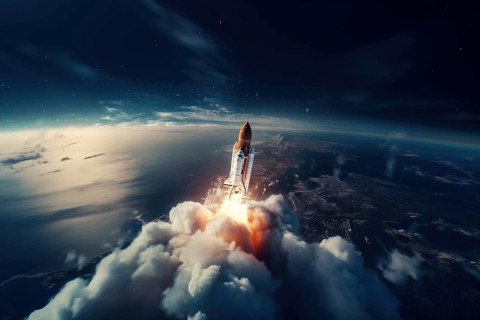 Aerial view of a rocket shuttle carrier launch at sunrise over an ocean coast. The rocket is