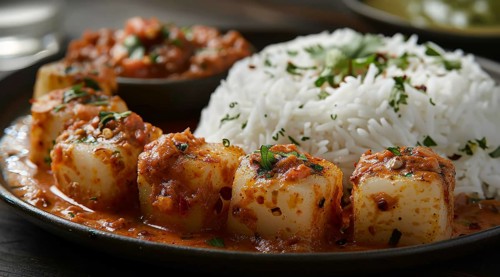 Cubed paneer in a tomato-based spicy sauce alongside basmati rice on a plate with a bowl on side,