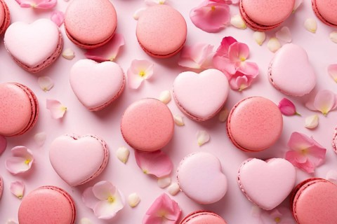 Top view of pink round and heart shaped French macaron sweets. KI generiert, generiert AI generated