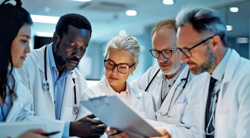 Diverse medical team cooperating on a task during a night shift, focused on documents, ai