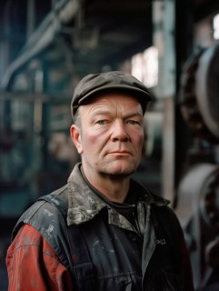 Portrait of a 55-year-old factory worker, dressed in a worn uniform, AI generated