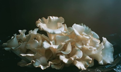 Close up of white oyster mushrooms on black background. Shallow depth of field AI generated