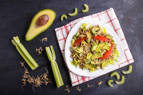 Vegetarian salad of celery, germinated rye, tomatoes and avocado on linen tablecloth, top view,