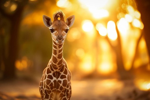 Baby giraffe standing amidst the golden rays of the setting sun, surrounded by nature s beauty, AI