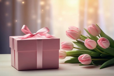 Gift Box with Pink Ribbon Beside bouquet of Fresh Tulips on Bokeh Background. Good for Valentine