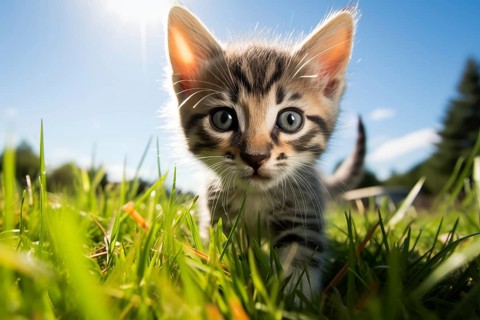 Playful Cute Kitten outdoors in Sunlit Grass. Kitten excitement and wonder as it explores the