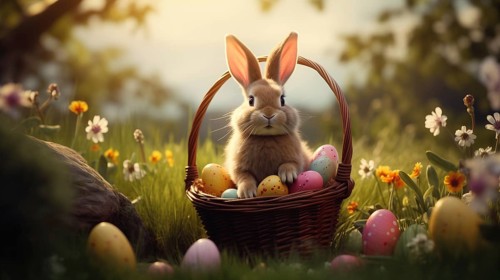 Cute Easter bunny sits beside a basket filled with colorful, decorated eggs amidst a vibrant green