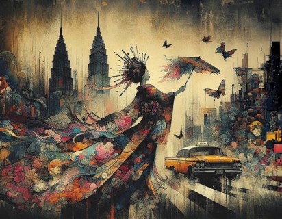 Enigmatic silhouette of a geisha with butterflies and a vintage american taxi in a twilight