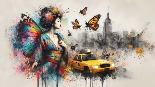 A fantastical art piece with a woman and a butterfly motif by a yellow taxi and NY skyline, off