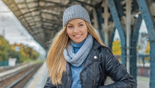 AI generated, A young blonde woman wants to travel and waits for the train at the station, 20, 25,