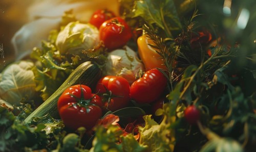 Tomatoes background. Top view of different varieties of tomatoes. Vegetables background. AI