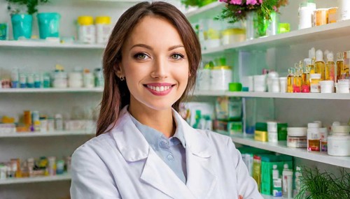 AI generated, A young pharmacist in her pharmacy, portrait, 30, 35, years, female, blonde, blond,