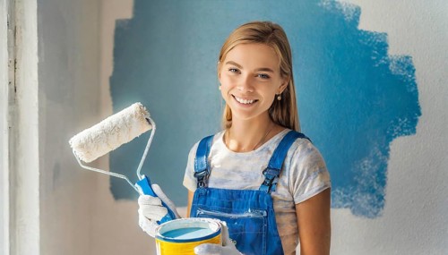 AI generated, woman, woman, a young girl paints a wall with new paint, blue, light blue, blue,