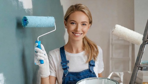 AI generated, woman, woman, a young girl paints a wall with new paint, blue, blue, renovation of