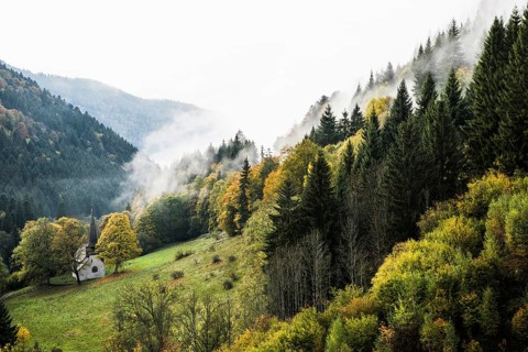 Chapel, Hoellental in autumn, near Freiburg im Breisgau, Black Forest, Baden-Wuerttemberg, Germany,