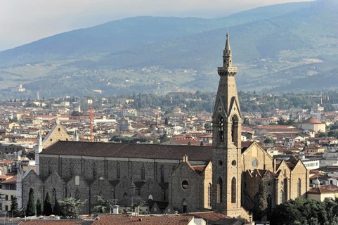 City panorama with the church of Santa Croce, view from Monte alle Croci, Florence, Tuscany, Italy,