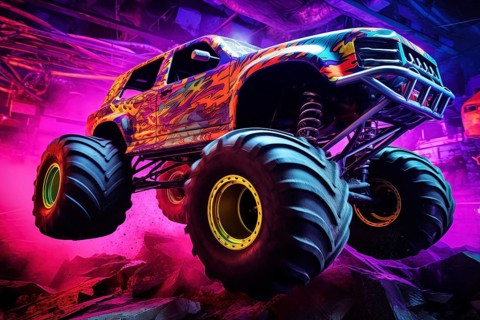 Monster truck with neon lighting, jumping off-road in cloud of dust. Excitement and thrill of an