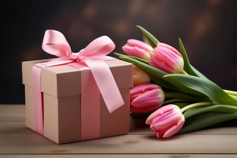 Gift Box with Pink Ribbon Beside bouquet of Fresh Tulips on Bokeh Background. Good for Valentine