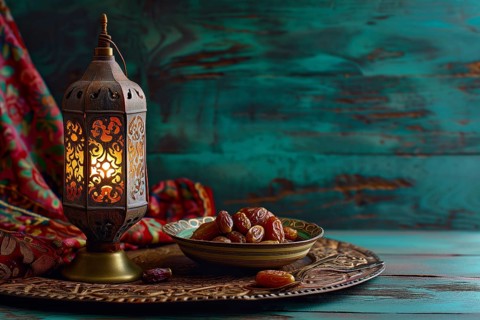 Ramadan lantern with a plate of succulent figs, set on an ornate table with intricate designs,