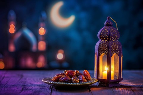 Ramadan lantern with a plate of succulent figs in violet purple tones with mosque and moon, set on