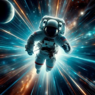 An astronaut in a spacesuit flies at breakneck speed, the speed of light, through space, symbolic