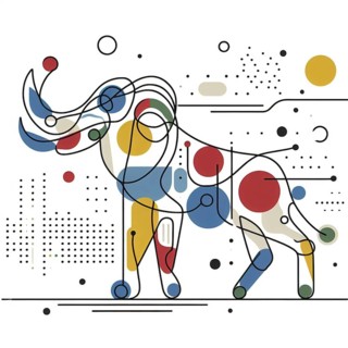 Modern abstract line art of a mammoth with geometric shapes and primary colors, continuous line
