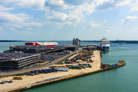 Queen Elizabeth II cruise terminal and Southampton Docks, Southampton, Hampshire, England, United