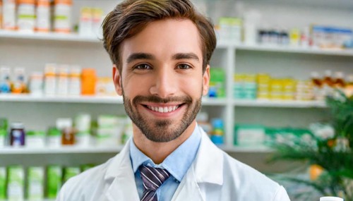 AI generated, A young pharmacist in his pharmacy, portrait, 30, 35, years, man, men, male, bearded,