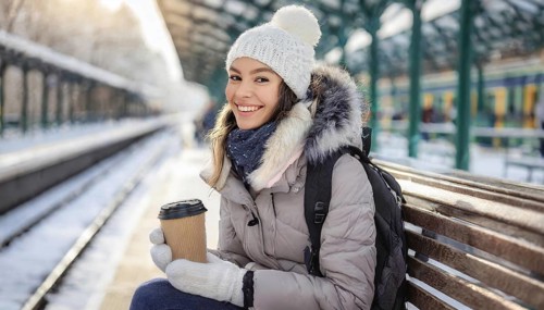 AI generated, A young blonde woman wants to travel and waits for the train at the station, 20, 25,