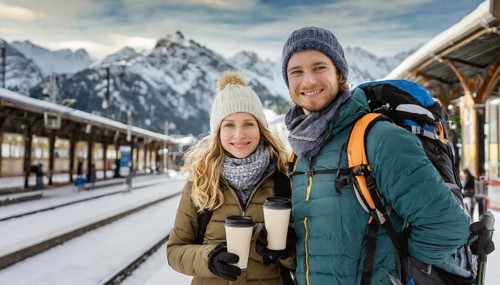 AI generated, woman, woman, man, men, A young couple wants to travel and is waiting for the train