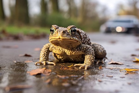 Toad sitting in middle of street with approaching car in background. KI generiert, generiert AI