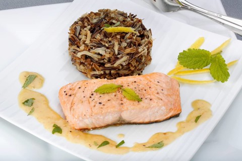 Southern German cuisine, fillet of Dreisam salmon with wild rice and lemon sauce, salmon fillet,