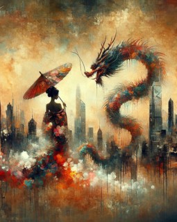 Stylized depiction of a tall woman sihouette with a parasol facing a dragon with a city backdrop,
