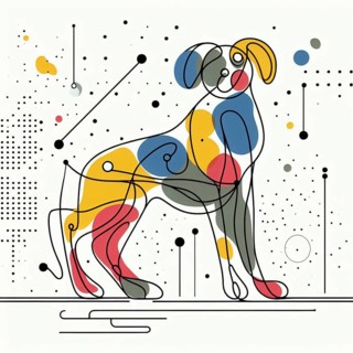 Whimsical abstract geometric composition featuring a colorful dog with bold shapes, continuous line