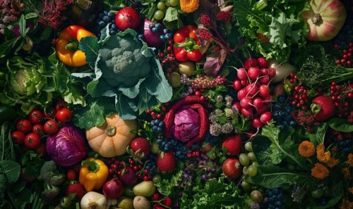 Tomatoes background. Top view of different varieties of tomatoes. Vegetables background. AI