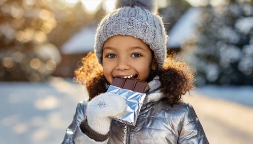 KI generated, Young girl, 10, years, eating a bar of chocolate, one person, outdoor shot, ice,