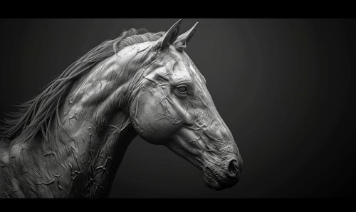 Monochromatic image of a sculpted horse head with a metallic texture AI generated
