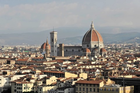 City panorama with Santa Maria del Fiore Cathedral, view from Monte alle Croci, Florence, Tuscany,