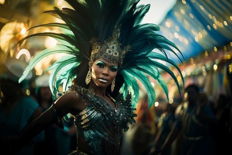 Captivating image capturing the essence of the Rio Carnival, showcasing a dancer adorned in an