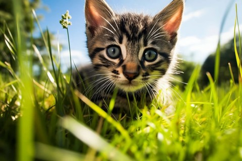 Playful Cute Kitten outdoors in Sunlit Grass. Kitten excitement and wonder as it explores the